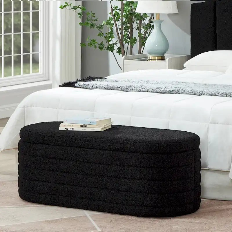 Banc coffre de rangement ovale en tissu Teddy, Aucun assemblage requis