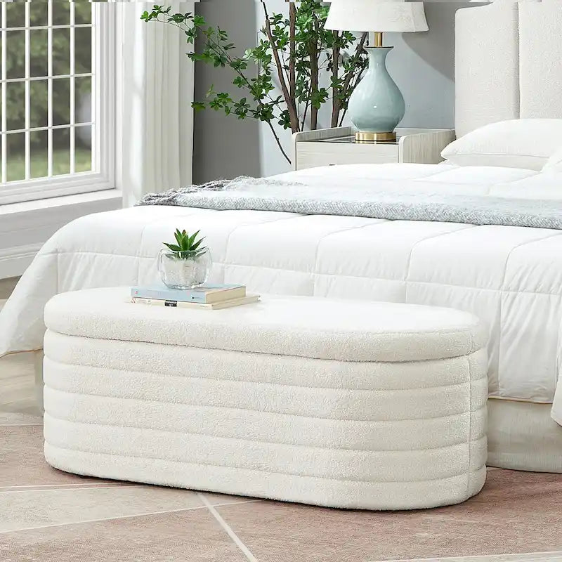 Banc coffre de rangement ovale en tissu Teddy, Aucun assemblage requis