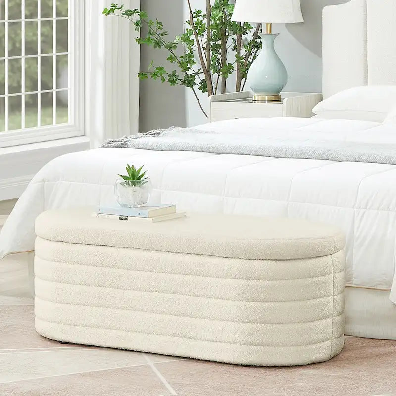 Banc coffre de rangement ovale en tissu Teddy, Aucun assemblage requis