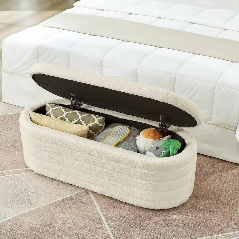 Banc coffre de rangement ovale en tissu Teddy, Aucun assemblage requis