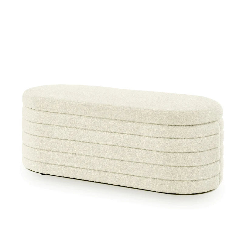 Banc coffre de rangement ovale en tissu Teddy, Aucun assemblage requis