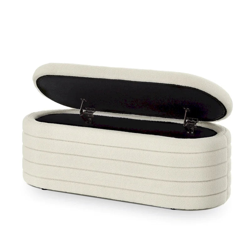 Banc coffre de rangement ovale en tissu Teddy, Aucun assemblage requis