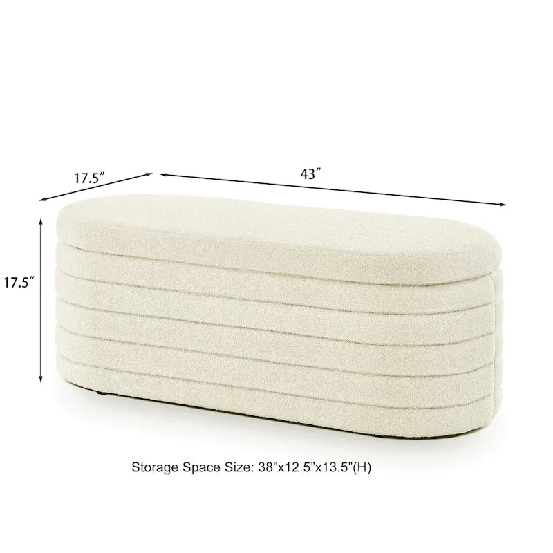 Banc coffre de rangement ovale en tissu Teddy, Aucun assemblage requis