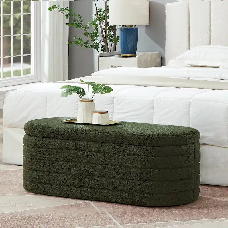 Banc coffre de rangement ovale en tissu Teddy, Aucun assemblage requis