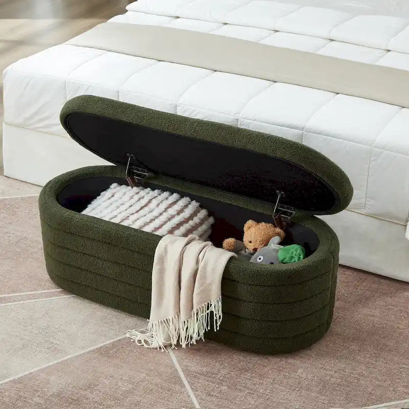 Banc coffre de rangement ovale en tissu Teddy, Aucun assemblage requis