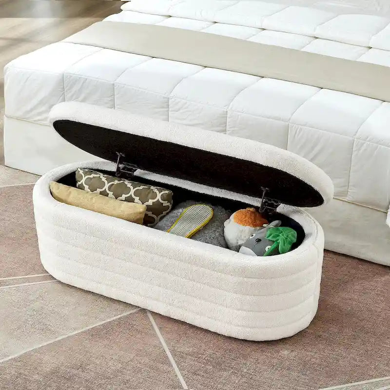 Banc coffre de rangement ovale en tissu Teddy, Aucun assemblage requis