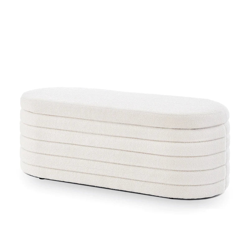 Banc coffre de rangement ovale en tissu Teddy, Aucun assemblage requis