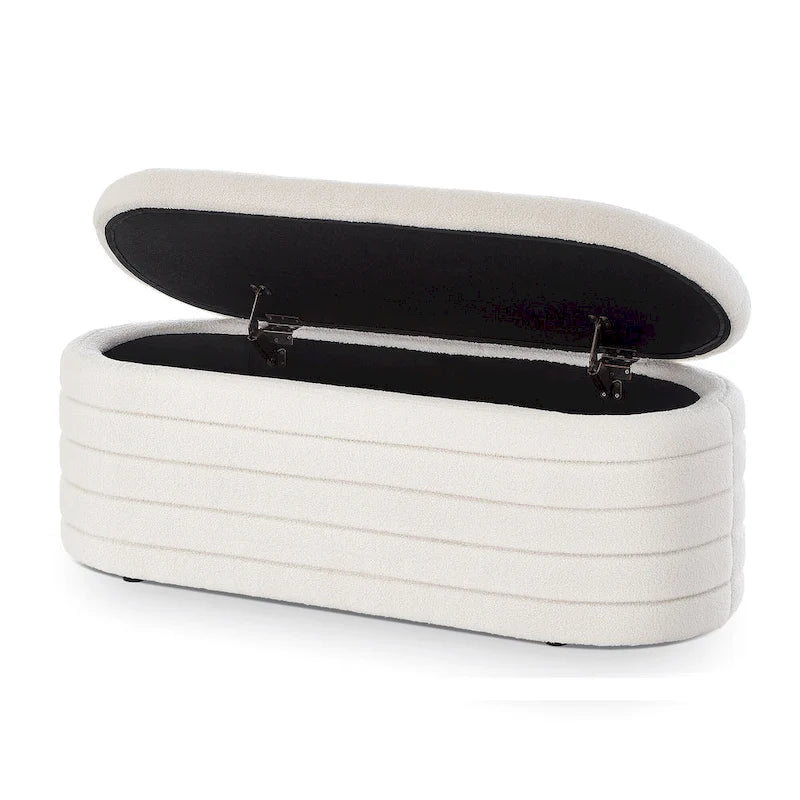 Banc coffre de rangement ovale en tissu Teddy, Aucun assemblage requis