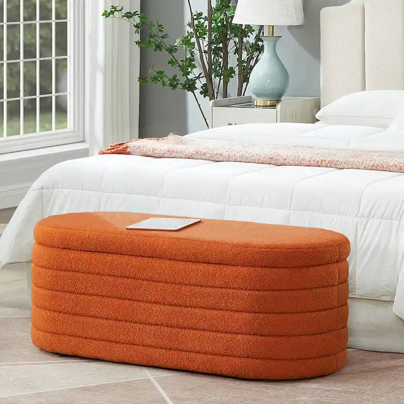 Banc coffre de rangement ovale en tissu Teddy, Aucun assemblage requis