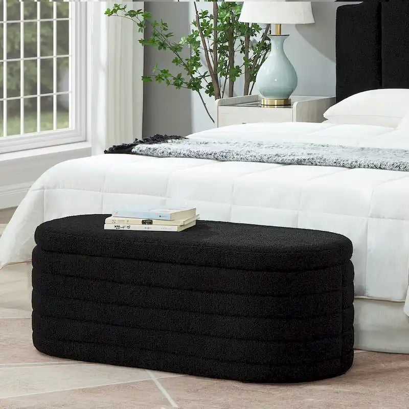 Banc coffre de rangement ovale en tissu Teddy, Aucun assemblage requis