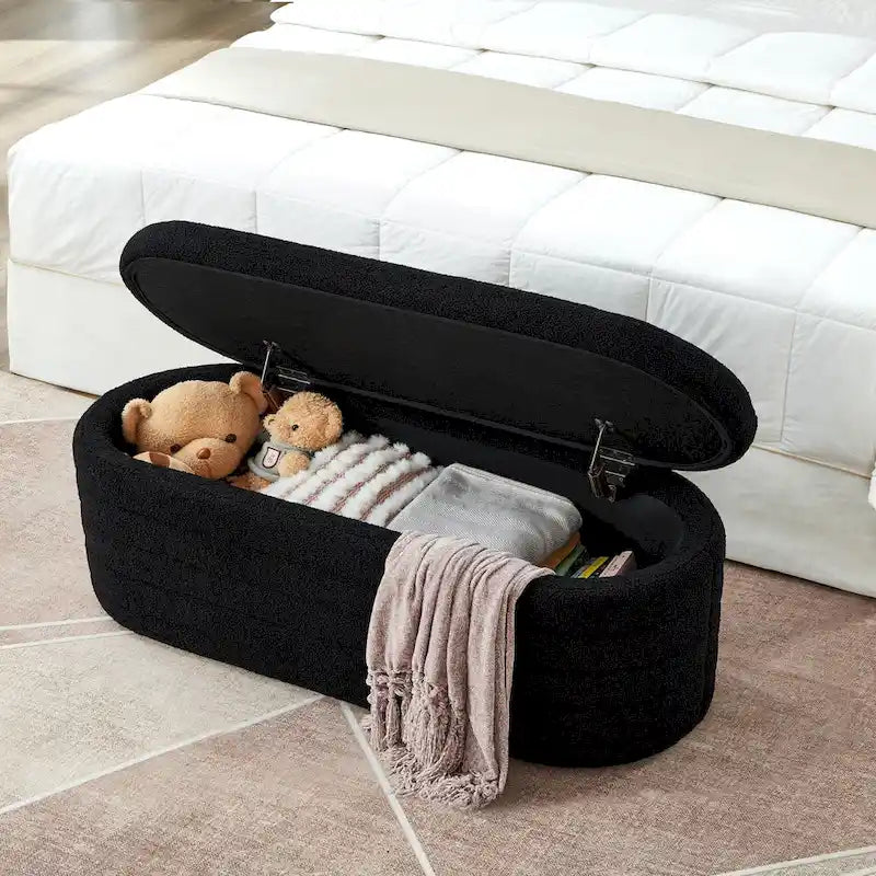 Banc coffre de rangement ovale en tissu Teddy, Aucun assemblage requis
