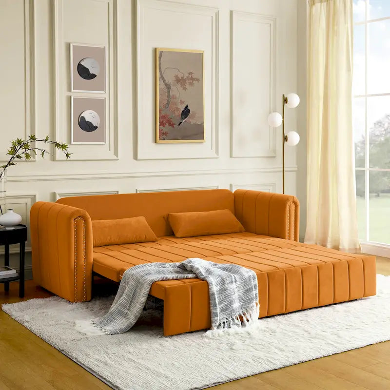 3 in 1 Pull-Out Sleeper Sofa Bed,Modern Convertible 3 Seats Lounge Futon Sofabed with Rolled Arms Decorated with Copper Nails