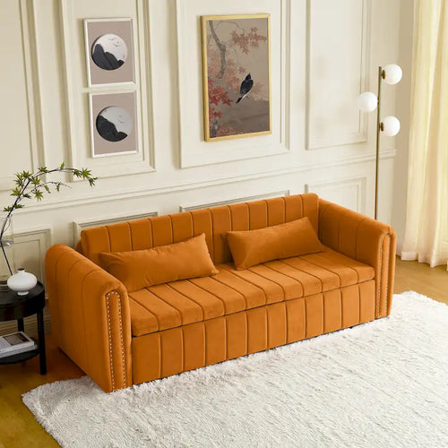 Canapé-lit gigogne 3 en 1, canapé-lit futon convertible moderne à 3 places avec accoudoirs roulés décorés de clous en cuivre