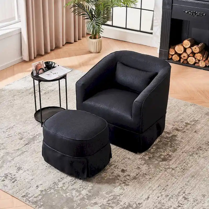 Fauteuil pivotant avec ottomane, fauteuils d'appoint pivotants, fauteuils de lecture, fauteuils ronds avec base en métal noir