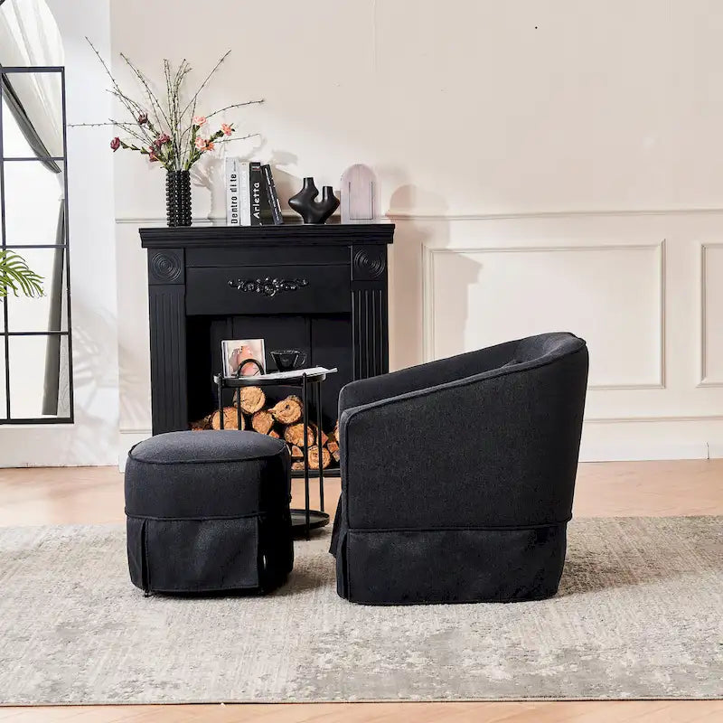 Fauteuil pivotant avec ottomane, fauteuils d'appoint pivotants, fauteuils de lecture, fauteuils ronds avec base en métal noir