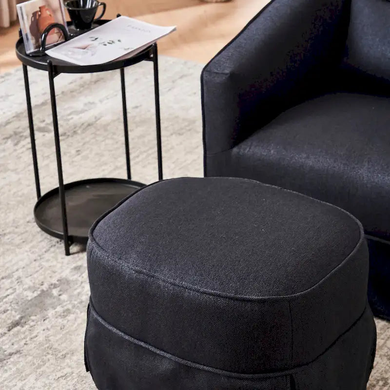 Fauteuil pivotant avec ottomane, fauteuils d'appoint pivotants, fauteuils de lecture, fauteuils ronds avec base en métal noir