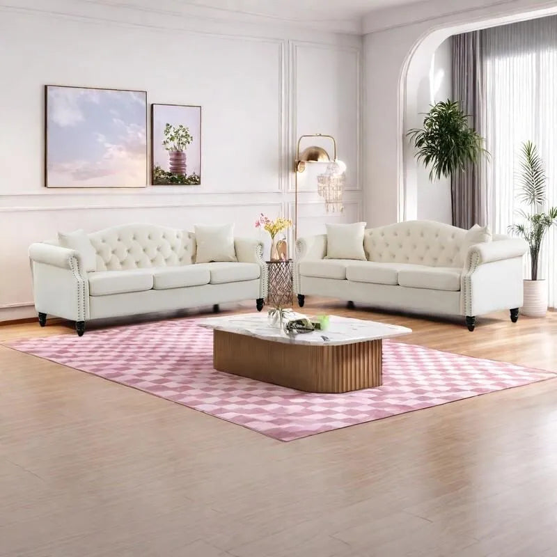 Ensemble de canapés 2 pièces 6 places en velours Chesterfield (deux 3 places) avec dossier capitonné et garniture cloutée