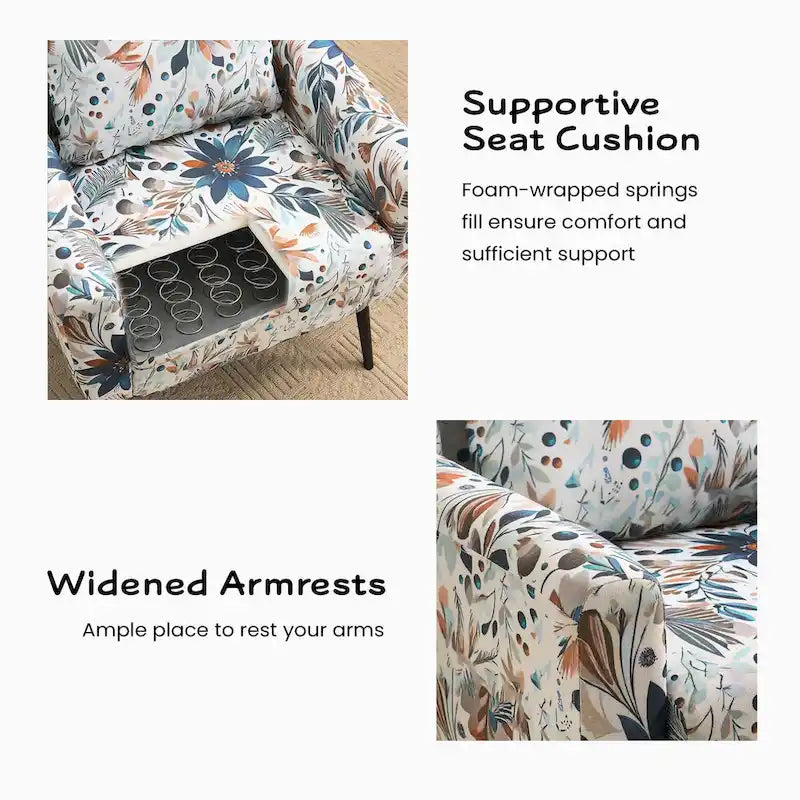 Fauteuil d'appoint à imprimé floral, fauteuil de lecture rembourré pour salon ou chambre avec pieds en métal réglables et robustes