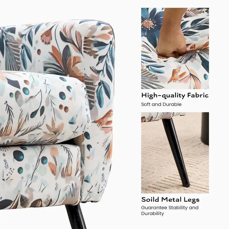 Fauteuil d'appoint à imprimé floral, fauteuil de lecture rembourré pour salon ou chambre avec pieds en métal réglables et robustes