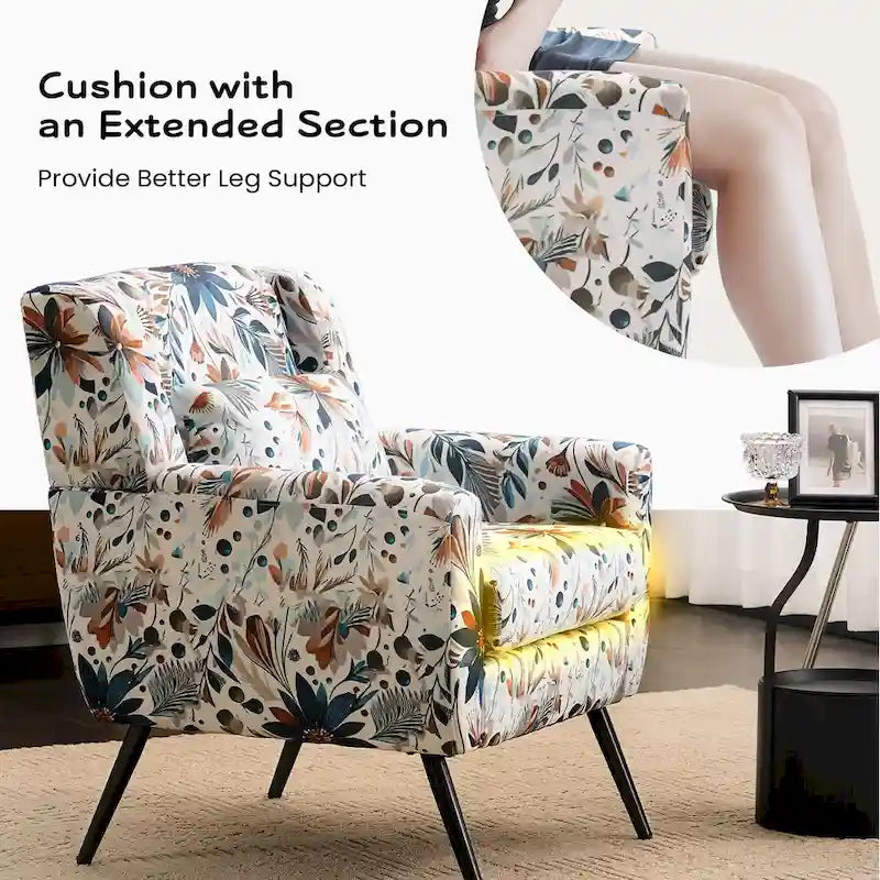 Fauteuil d'appoint à imprimé floral, fauteuil de lecture rembourré pour salon ou chambre avec pieds en métal réglables et robustes