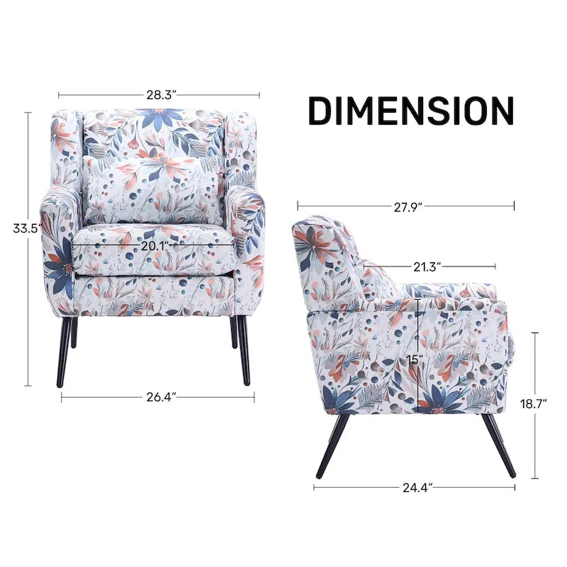 Fauteuil d'appoint à imprimé floral, fauteuil de lecture rembourré pour salon ou chambre avec pieds en métal réglables et robustes