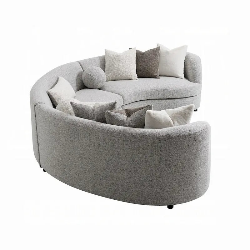 Canapé d'angle 3 places, 9 coussins, cadre incurvé, tissu bouclé gris