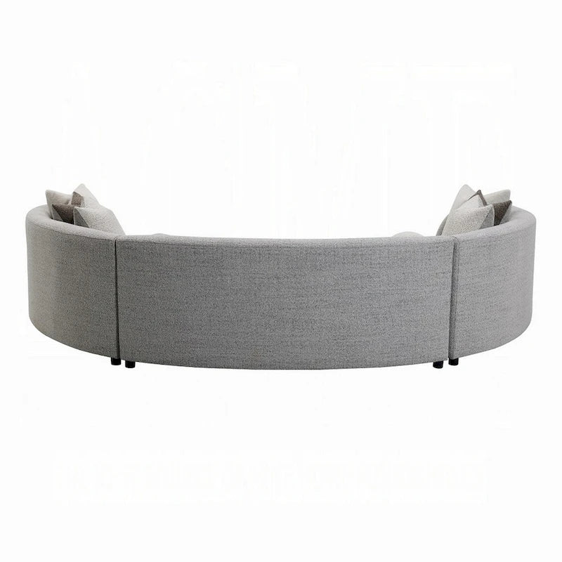 Canapé d'angle 3 places, 9 coussins, cadre incurvé, tissu bouclé gris