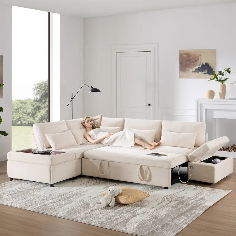 Canapé d'angle convertible modulaire Chenille avec pouf de rangement