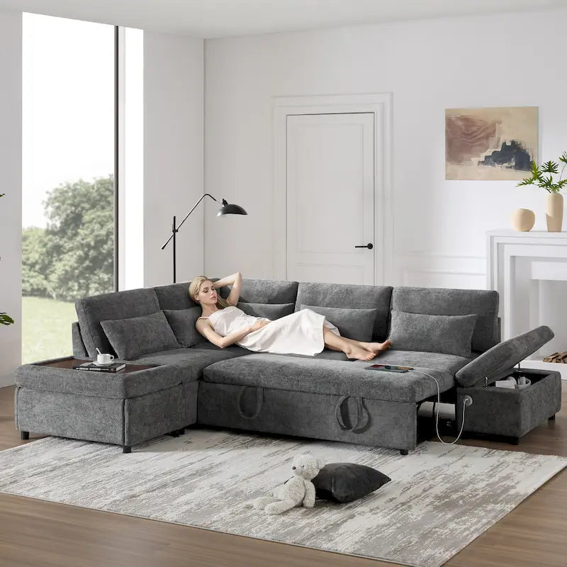 Canapé d'angle convertible modulaire Chenille avec pouf de rangement