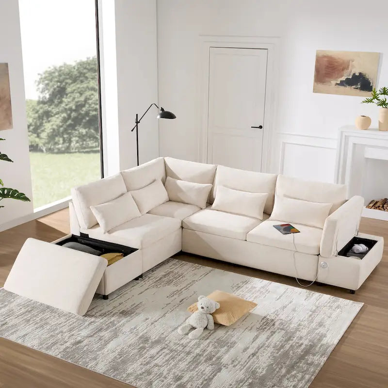Canapé d'angle convertible modulaire Chenille avec pouf de rangement