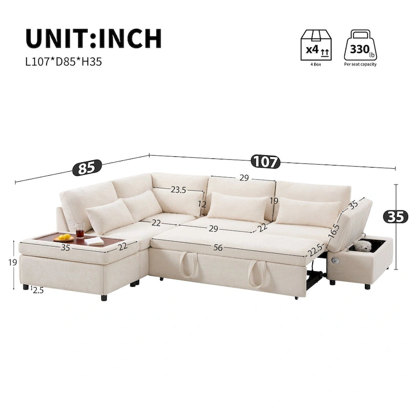 Canapé d'angle convertible modulaire Chenille avec pouf de rangement