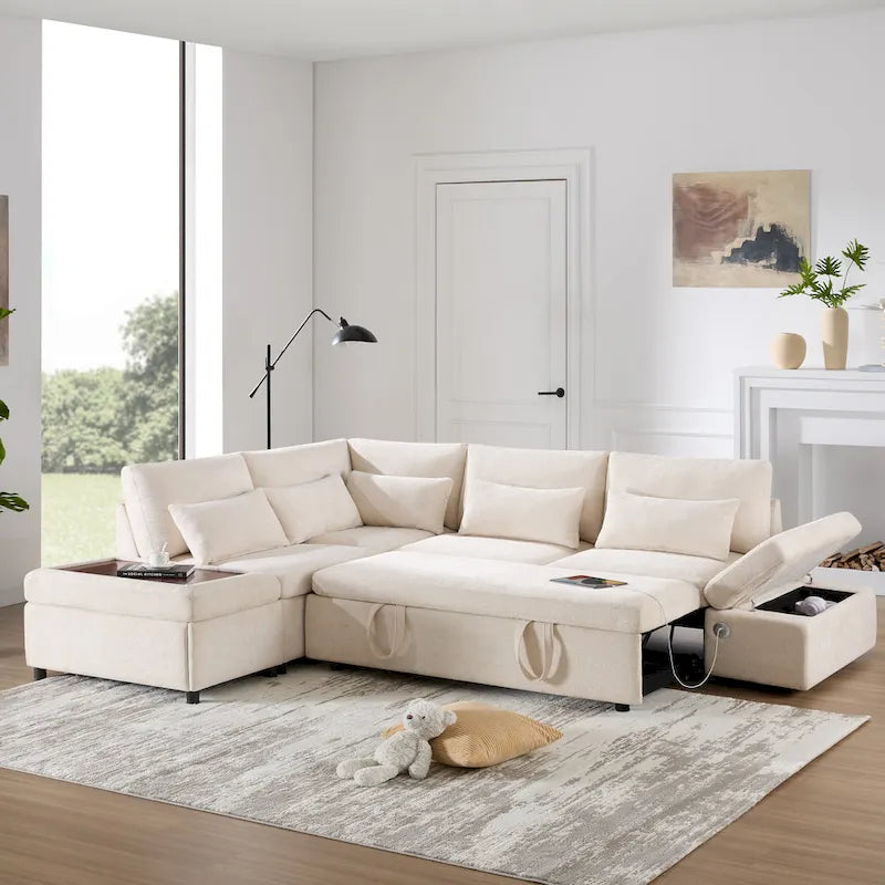 Canapé d'angle convertible modulaire Chenille avec pouf de rangement