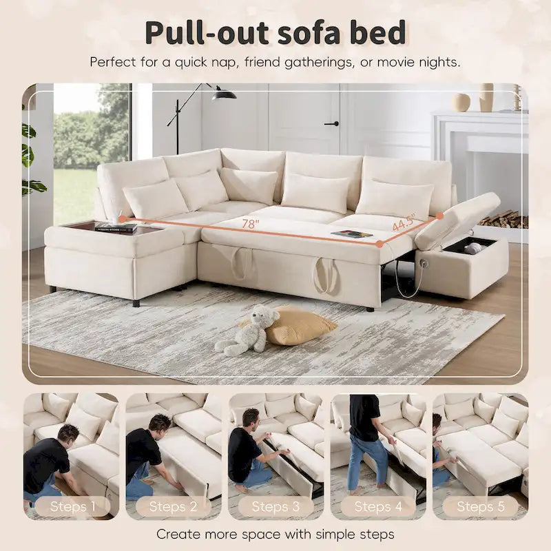 Canapé d'angle convertible modulaire Chenille avec pouf de rangement
