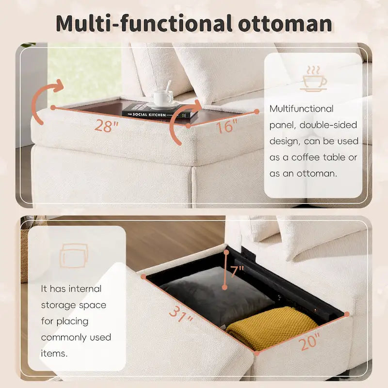 Canapé d'angle convertible modulaire Chenille avec pouf de rangement