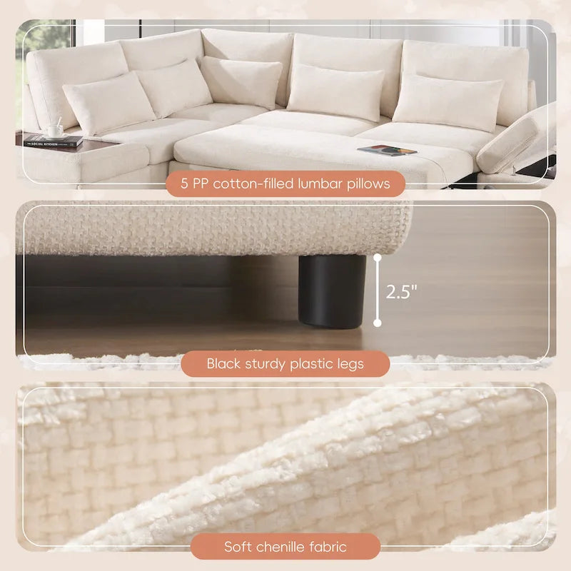 Canapé d'angle convertible modulaire Chenille avec pouf de rangement