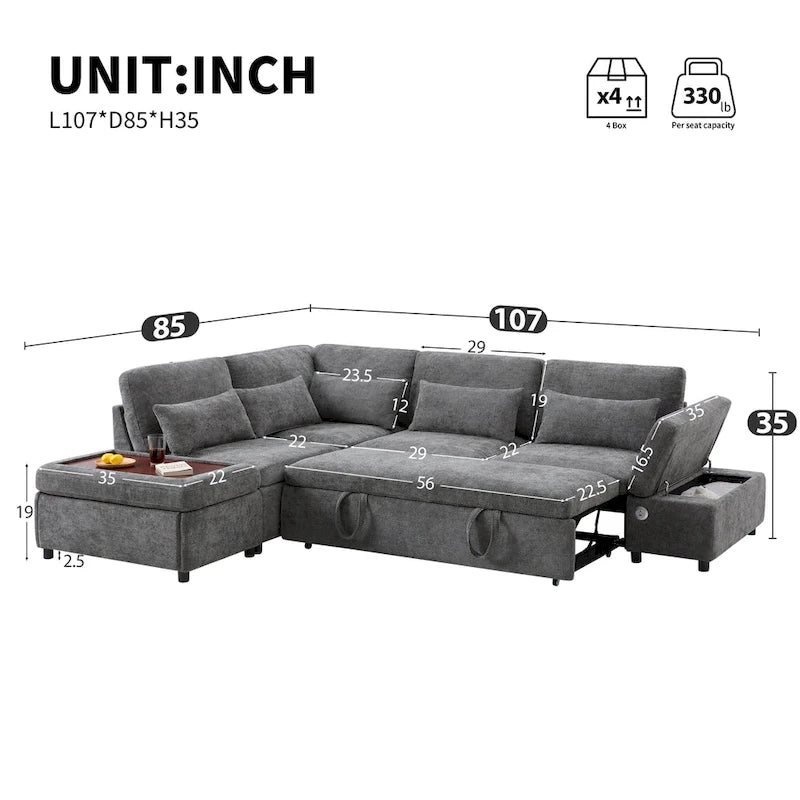 Canapé d'angle convertible modulaire Chenille avec pouf de rangement