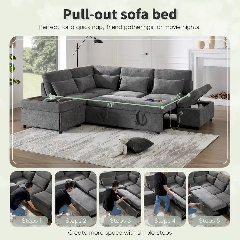 Canapé d'angle convertible modulaire Chenille avec pouf de rangement