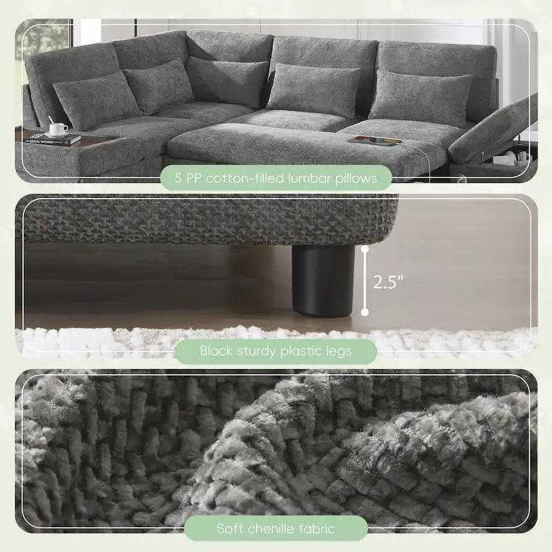 Canapé d'angle convertible modulaire Chenille avec pouf de rangement