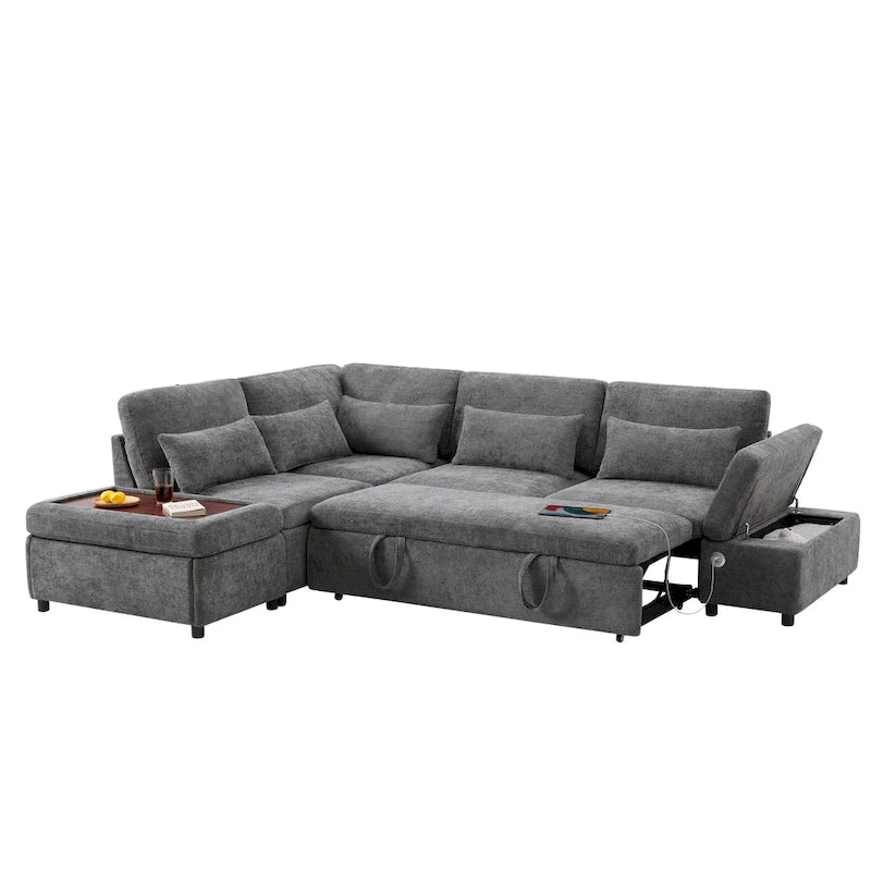 Canapé d'angle convertible modulaire Chenille avec pouf de rangement