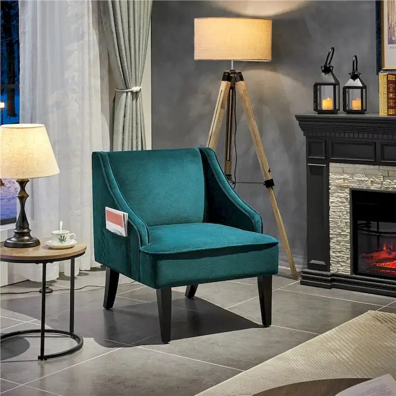 Fauteuil d'appoint moderne en velours avec pieds en bois d'hévéa