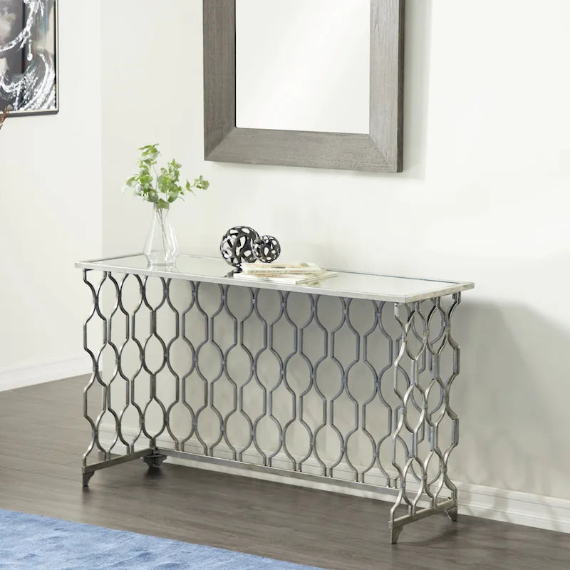 Console géométrique en métal avec plateau en verre miroir - Argent - 18Lx55Px32H