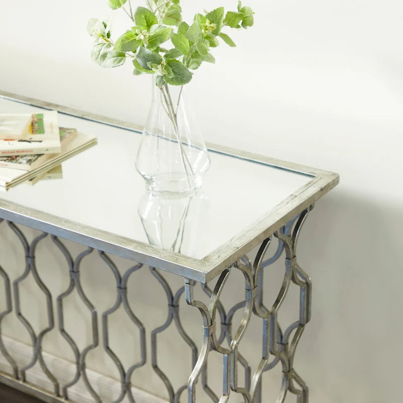 Console géométrique en métal avec plateau en verre miroir - Argent - 18Lx55Px32H