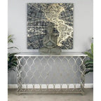 Console géométrique en métal avec plateau en verre miroir - Argent - 18Lx55Px32H
