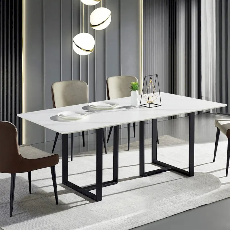 Table de salle à manger rectangulaire en pierre, moderne et minimaliste, 63 po, piètement en métal noir