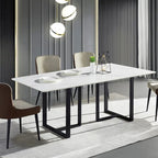 63 Modern and Minimalist Rectangular Stone Dining Table, Black Metal Frame