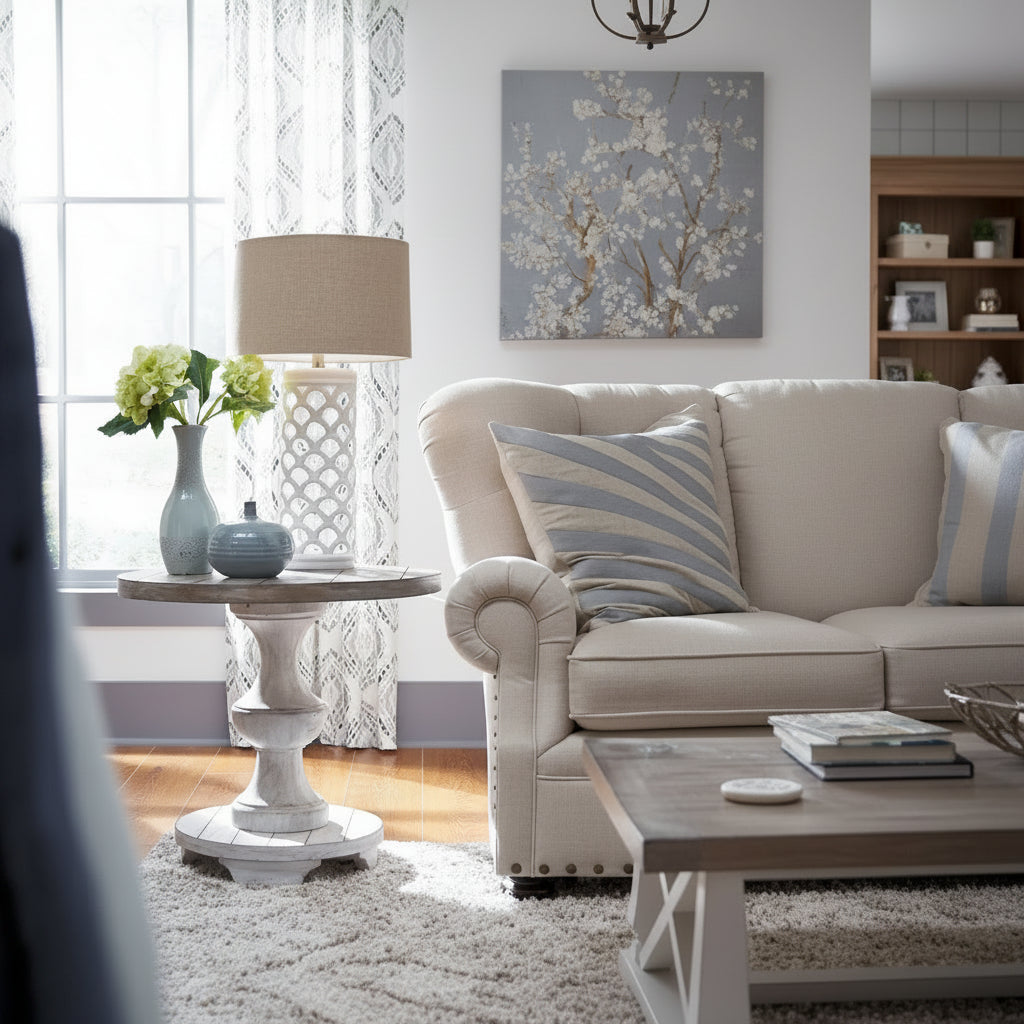 Table d'appoint ronde Sedona vieilli blanc et gravier