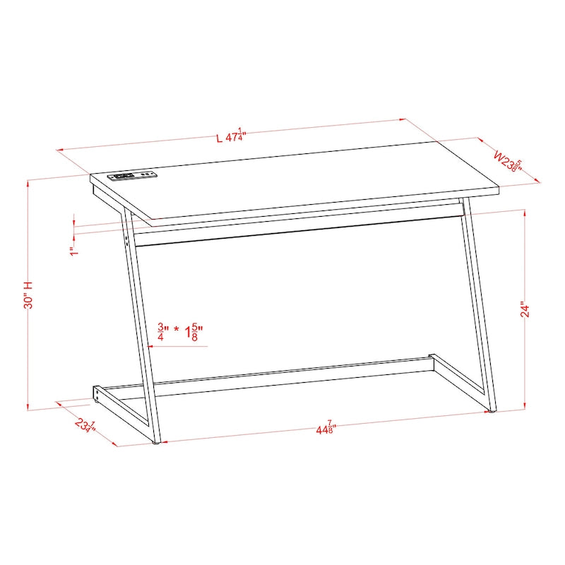 Bureau d'ordinateur en acier de 47 pouces avec ports USB
