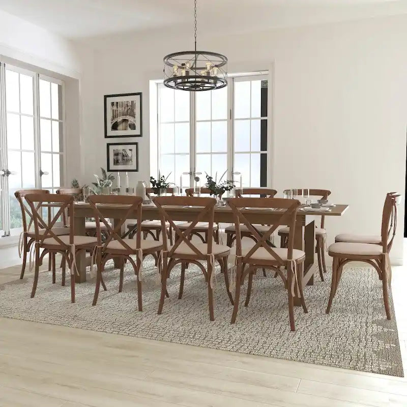 9' x 40 Rustic Folding Farm Table Set with 12 Cross Back Chairs and Cushions