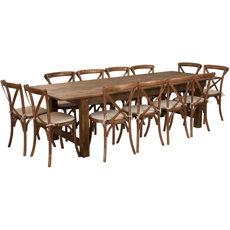 Ensemble table de ferme pliante rustique 9' x 40 avec 12 chaises à dossier croisé et coussins
