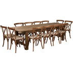 Ensemble table de ferme pliante rustique 9' x 40 avec 12 chaises à dossier croisé et coussins